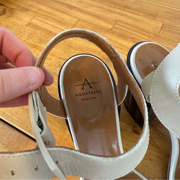 Aquatalia Fredia Buckle Ankle Strap Cream Leather Block Heel Sandals Size 7 - Picture 3 of 6